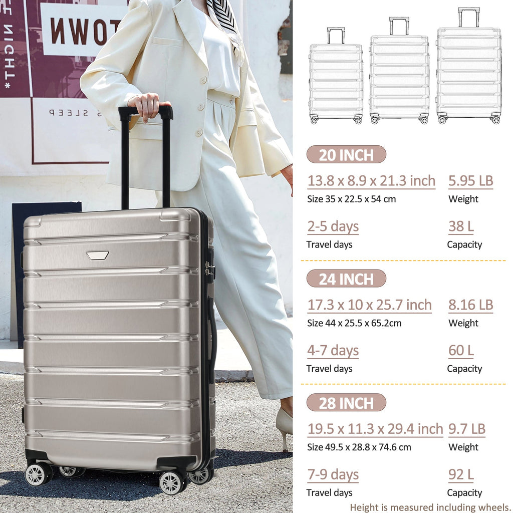 Hardshell Luggage Set 3 Piece, Durable ABS+PC Travel Suitcase with